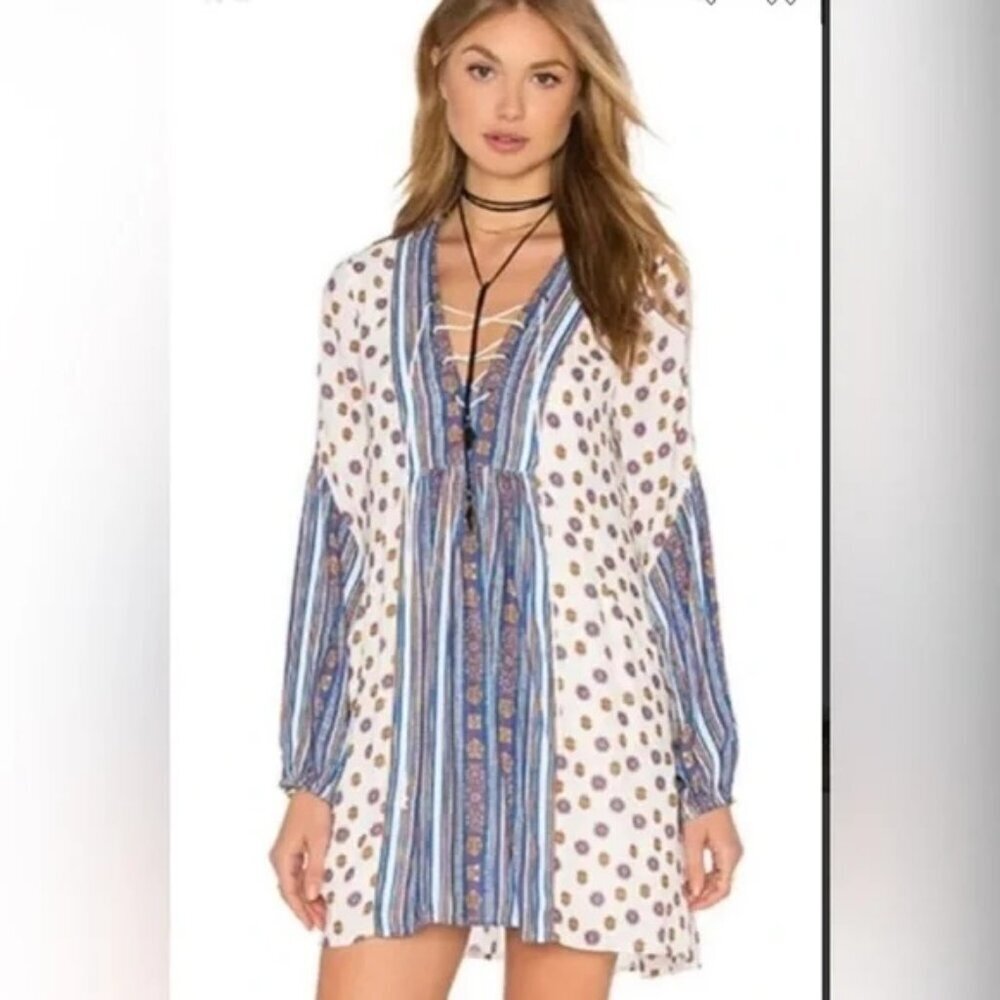 Free People Blue and White Long Sleeve Dress